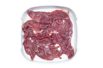 fresh raw offal sliced on square plate isolated on white background, shabu, hot pot ingredients
