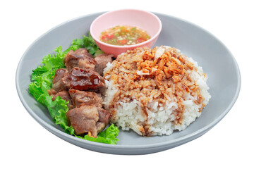 Stewed beef with rice on plate
