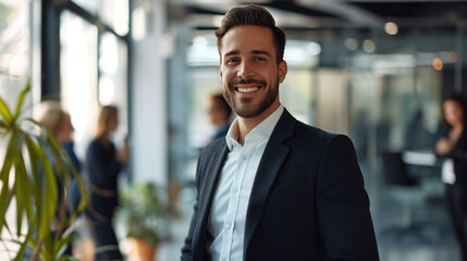 Fototapeta premium Portrait of a handsome smiling businessman boss standing in his modern business company office.