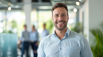Obraz premium Portrait of a handsome smiling businessman boss standing in his modern business company office.