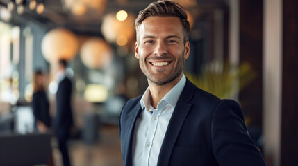 Naklejka premium Portrait of a handsome smiling businessman boss standing in his modern business company office.