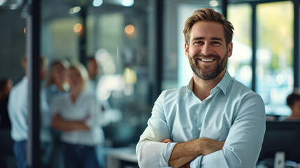 Obraz premium Portrait of a handsome smiling businessman boss standing in his modern business company office.