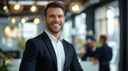 Fototapeta premium Portrait of a handsome smiling businessman boss standing in his modern business company office.