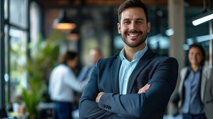 Fototapeta premium Portrait of a handsome smiling businessman boss standing in his modern business company office.
