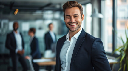 Portrait of a handsome smiling businessman boss standing in his modern business company office. - obrazy, fototapety, plakaty