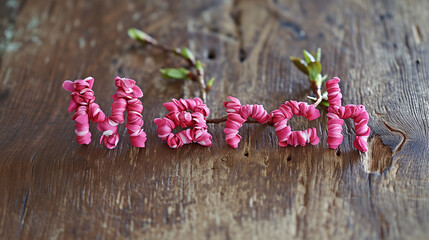 木の板の上に桜の花びらで作られた「3月」「March」の文字が置かれている写真