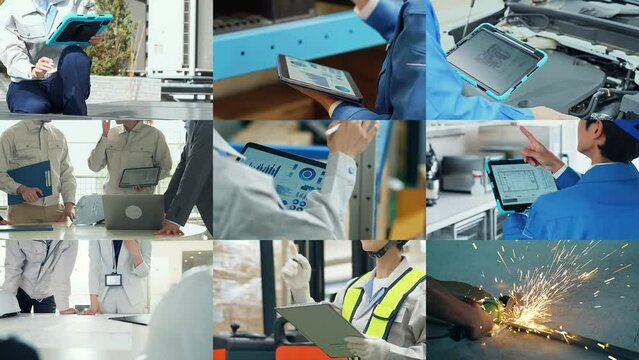 Collage movie of various industrial workers. Enlarge, Shrink transition.