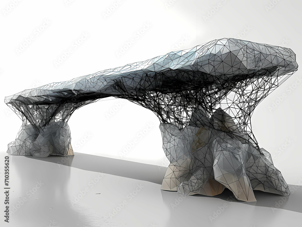 Poster line drawing of minimal futuristic bench, a low poly bridge with black lines and a white background