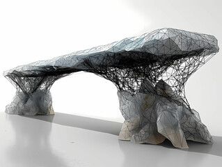 Line Drawing Of Minimal Futuristic Bench, A Low Poly Bridge With Black Lines And A White Background