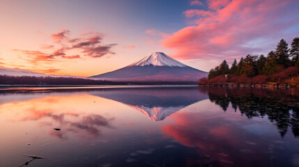 湖越しに見える日本の富士山の夜明けで空がピンクに染まっていえる写真、水面に映る富士山