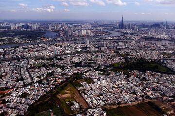Aerial view of Ho Chi Minh City and the Saigon River.