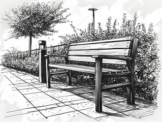 Technical Drawing Of A Modern Chair, A Bench On A Sidewalk