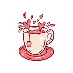 A cup of love. Love potion in a mug. Hand drawn vector illustration in cute cartoon style.