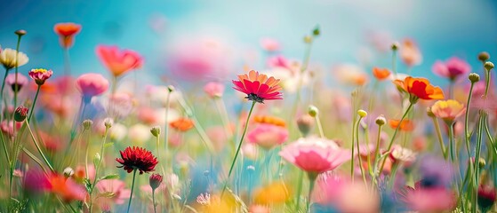 Vibrant flower field, with a focus on colorful blooms in the foreground and space above