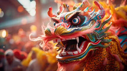 Golden Chinese New Year Dragon Mask: Dance in Cultural Traditional Festival Parade