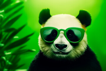 Fototapeta premium Portrait of a panda in sunglasses on a green background. Summer concept. AI generated