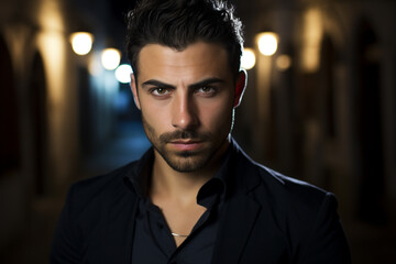 young male man in night portrait looking at camera