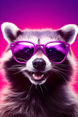 Fototapeta na wymiar Portrait of a raccoon in sunglasses on a purple background. AI generated