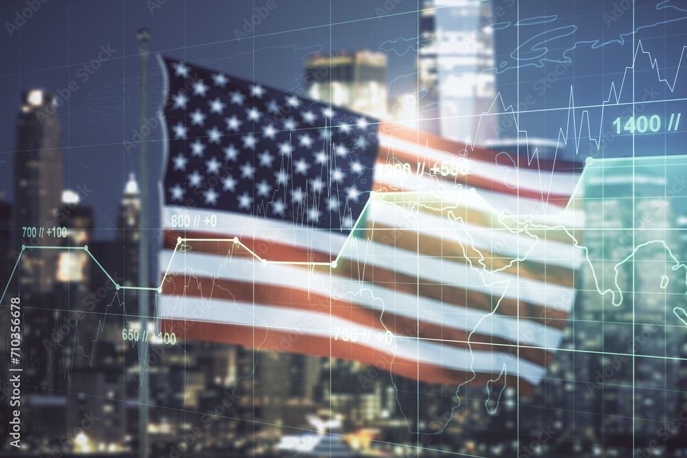 Poster multi exposure of abstract virtual graphic data spreadsheet sketch on us flag and skyline background
