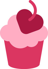 Cake sweet dessert on valentine day icon vector. Delicious creamy muffin decorated cherry fruit in heart shape. Baked confectionery food cupcake, tasty pastry breakfast flat cartoon illustration