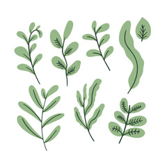 Green forest leaves set or branches icons sign.