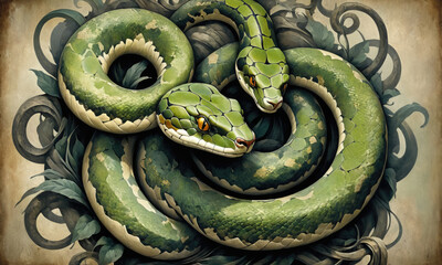 Fantasy Illustration of a wild snake. Digital art style wallpaper background.