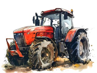 Obraz premium a red tractor isolated on white background, watercolor illustration