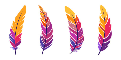 Bird feathers collection. Colorful vector feathers isolated on white background. Yellow, red, orange, purple color feathers. Vector feathers set. Vector color illustration.