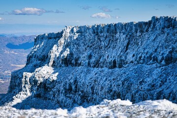 冠雪の八ヶ岳連峰の硫黄岳の爆裂火口