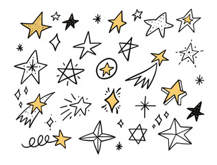 Hand drawn star doodle set icon. Black and yellow colors. Comic cartoon style.