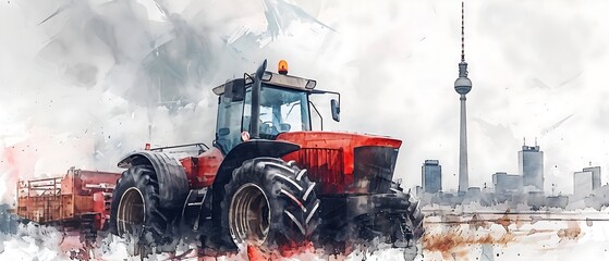 Farmer with Tractor in front of the Berlin skyline, Watercolor illustration, farmers protest and demonstration