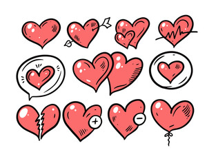 Different Valentines Heart set. Hand draw doodle style. Black and red colors vector illustration.