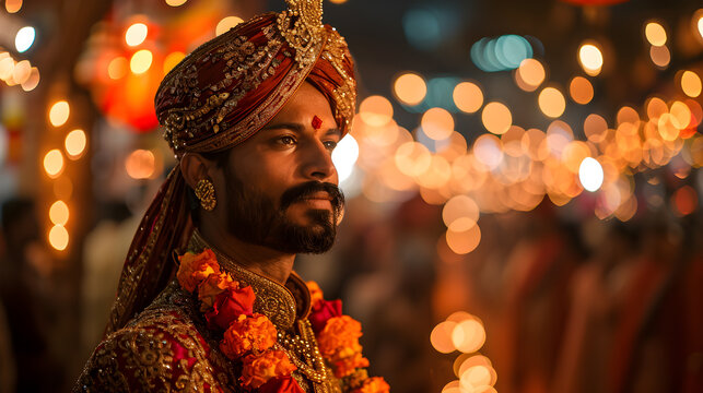 Dressed in traditional attire, the Indian groom partakes in the rituals of a conventional wedding ceremony. Generative AI