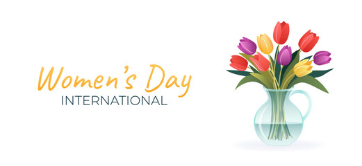 International Women's Day. 8 March. Banner with isolated vase and bouquet of tulips. Spring flowers on white background. Modern vector design for poster, campaign, social media post.  - obrazy, fototapety, plakaty