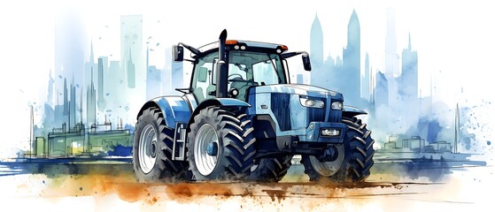 a blue tractor in front of a city skyline, Watercolor illustration, concept, conflict, food supply, protest for liberty and against  subsidy cuts - obrazy, fototapety, plakaty