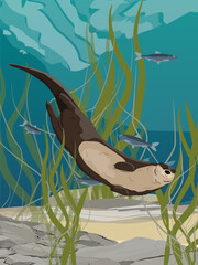 River otter swim in the river. The bottom of the pond with fish, algae. Eurasian otter Lutra lutra. Wild semiaquatic mammal of Eurasia. Realistic vector vertical landscape