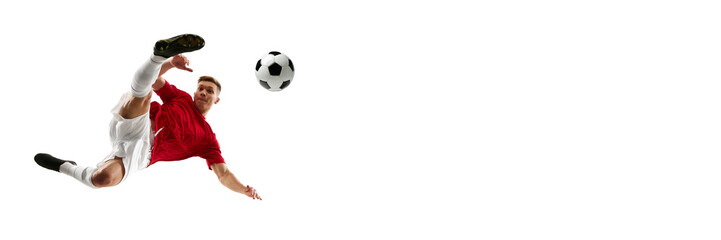Masterful Airborne Maneuver. Sportsman, professional soccer player kicks ball against white background with negative space to insert text. Concept of sport games, hobby, world cup season, movement. Ad © Lustre Art Group 