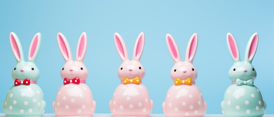 Obraz premium Row of pastel-colored, polka-dot Easter bunny figurines on a blue background