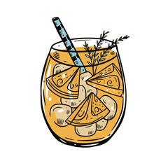 Colorful orange cocktail with cube ice and rosemary. Hand drawing sketch vector illustration.