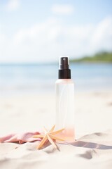 A spray bottle evoking the essence of summer on a beach with starfish and sea in the background