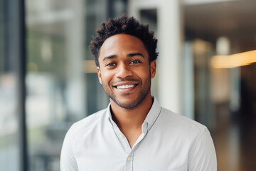 A happy professional black man, light blurry background 