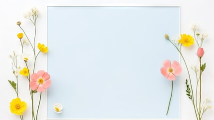 Fresh spring flowers framing a blank blue space for messages or text