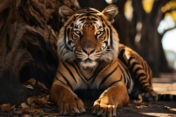 Majestic tiger resting on a dirt road beside a tree, majestic big cats picture - Powered by Adobe