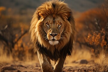 Majestic lion strolling through a field of tall grass its powerful mane flowing in the wind, majestic big cats picture - Powered by Adobe