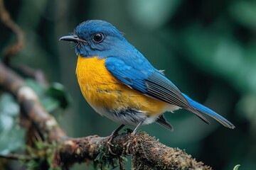 Vibrant blue and yellow bird perched on a tree branch in a serene setting with plenty of white space around, colorful tropical birds image