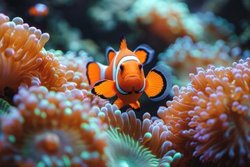 Clown fish swims among anemones in the ocean showcasing vibrant underwater life, underwater marine life picture