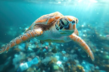 Fototapeta premium Turtle navigating through an ocean of plastic waste in blue water, underwater marine life photo