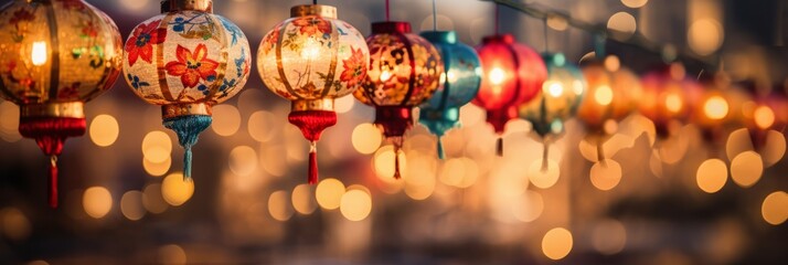 Panoramic view of colorful lanterns floating against a twilight sky over an illuminated cityscape. - Powered by Adobe