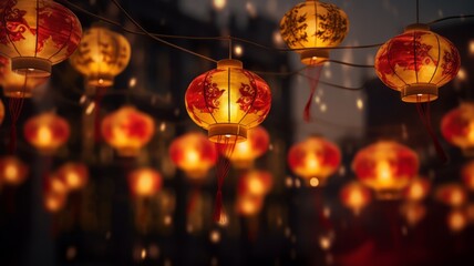 Colorful Chinese lanterns glowing at night with a bokeh background, suitable for festivals and cultural themes.