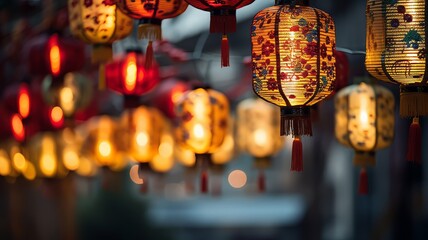Colorful Chinese lanterns glowing at night with a bokeh background, suitable for festivals and...